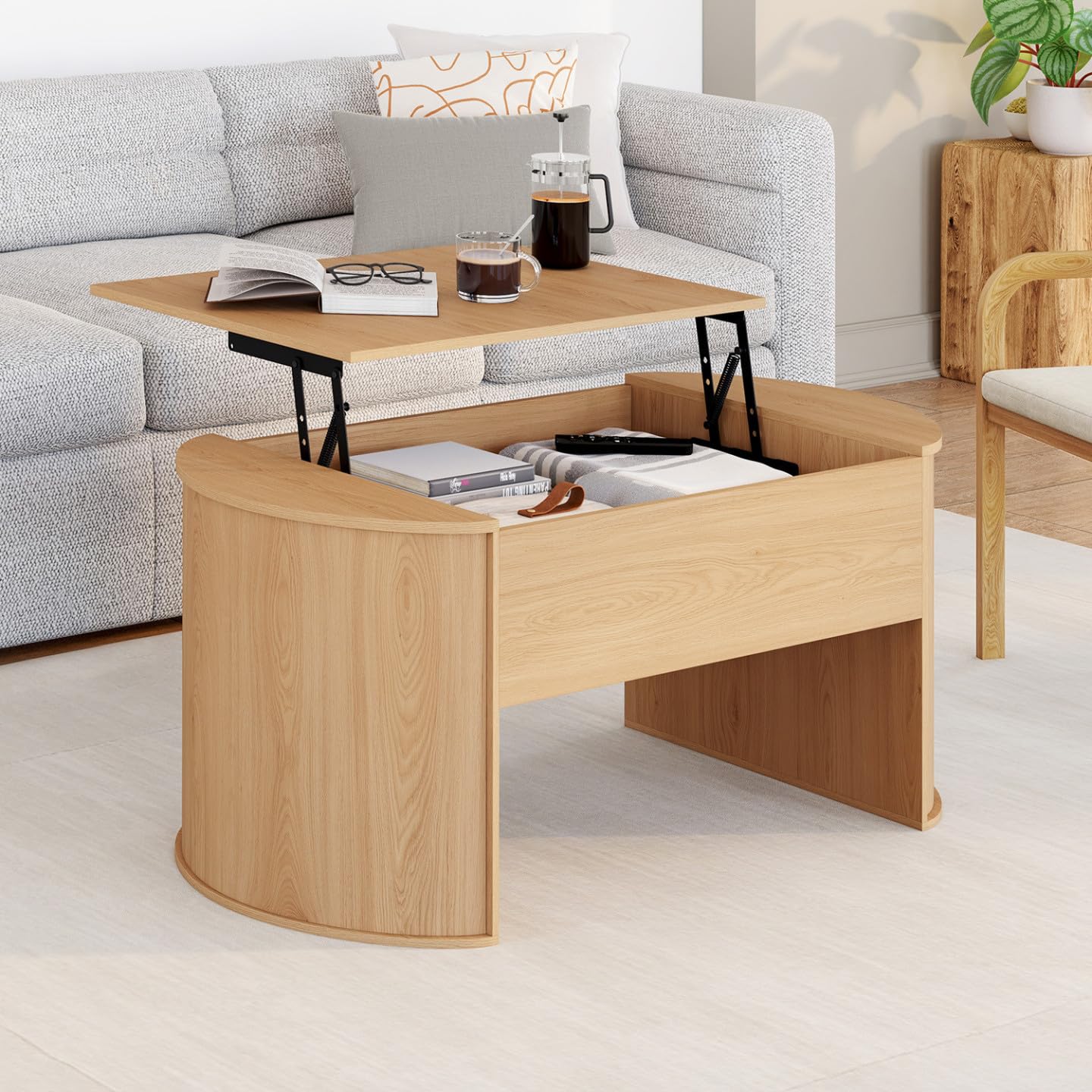 IDMarket - Mesa baja elevable DIVIA Oval Madera | 100 cm, diseño redondeado, color madera de haya