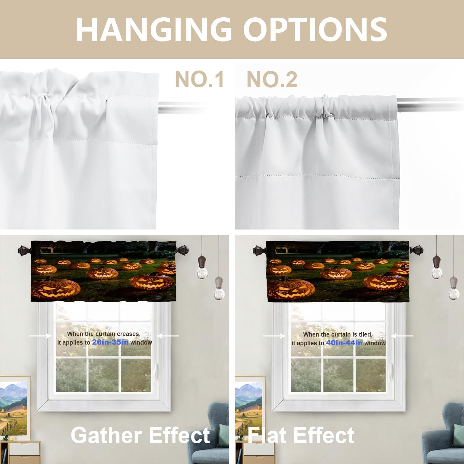 Halloween Fall Blackout Kitchen Curtain, Jack O Lantern Pumpkin Orange Halloween Window Treatment Rod Pocket Light Filtering Bathroom Short Valance 2 Pack 52X16 Inches