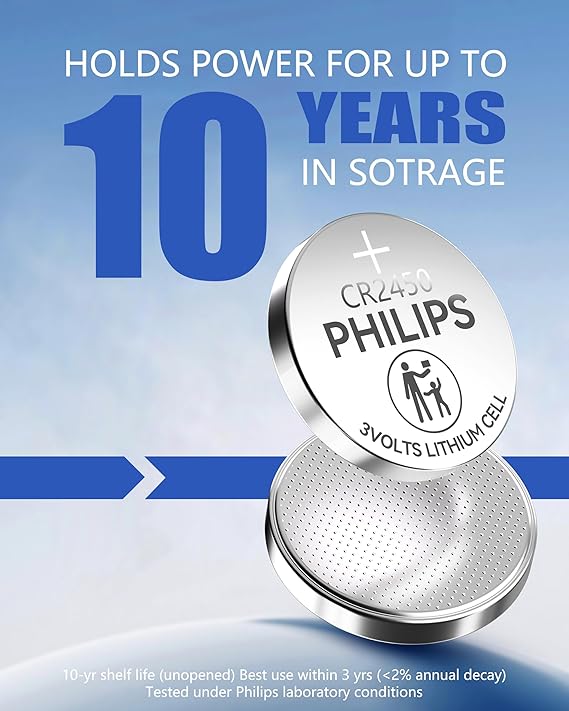 Philips CR2450 3V Lithium Button Cell Battery 20 Pack, 10 Year Shelf Life, Leak Proof, Child Resistant Packaging Works with Key Fob & Home Electronics