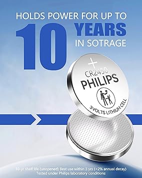 Philips CR2450 3V Lithium Button Cell Battery 20 Pack, 10 Year Shelf Life, Leak Proof, Child Resistant Packaging Works with Key Fob & Home Electronics