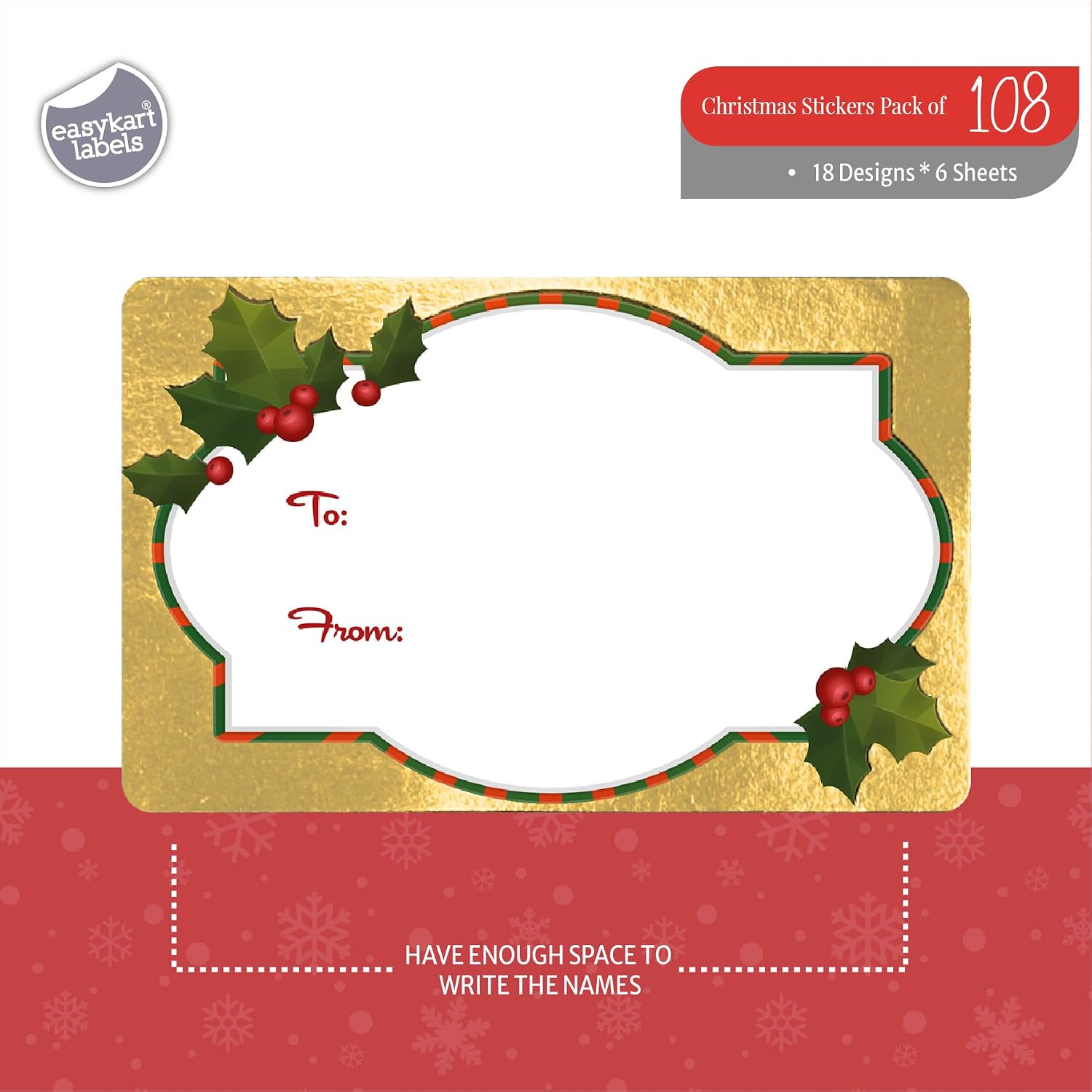 108 Pack Christmas Gift Name Tag Stickers with Gold Foil, 18 Assorted Patterns of to from Christmas Present Labels for Kids, Adults, Family, Friends, and Business.