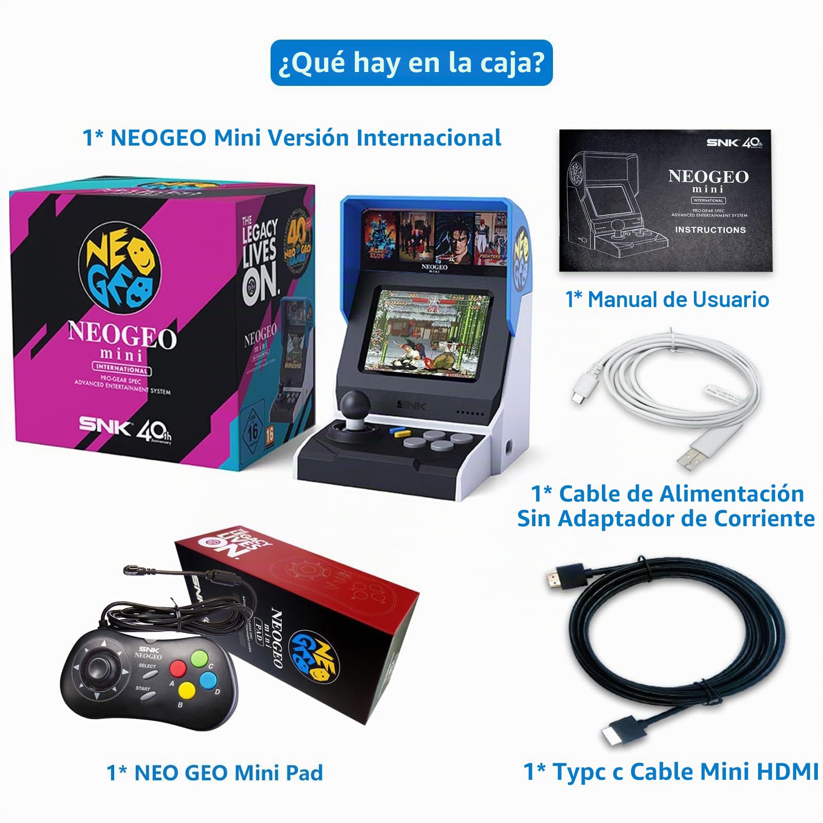 NEOGEO Mini International Arcade y Black Gamepad, 40 juegos SNK clásicos precargados