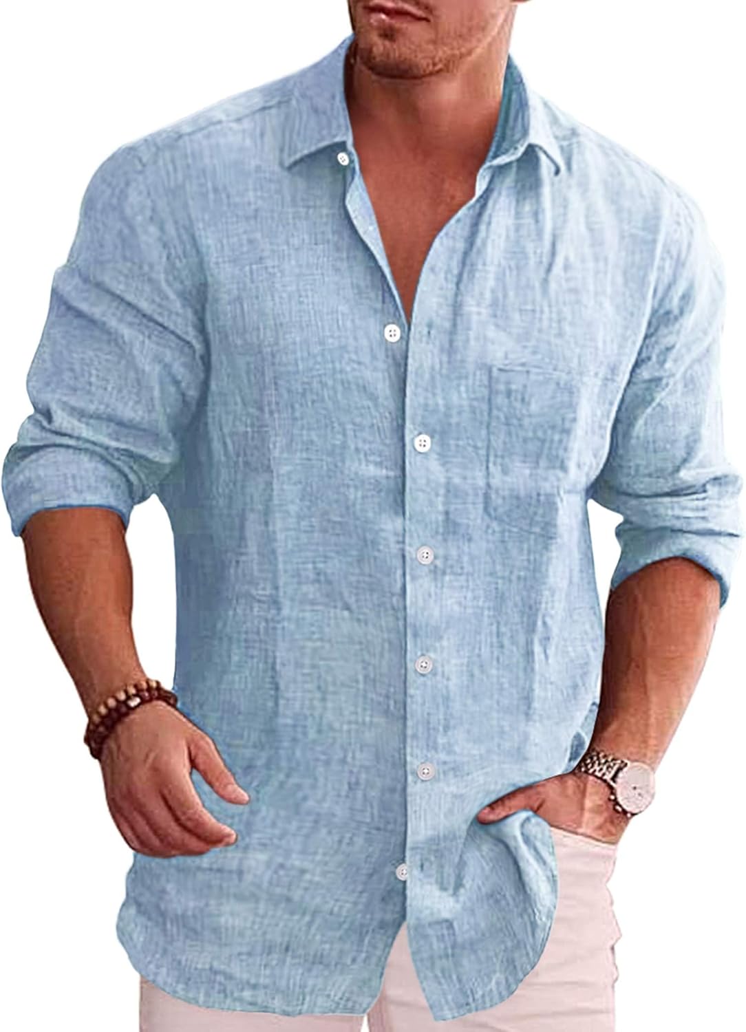 COOFANDY Men's Casual Button Down Shirt Long Sleeve Linen Chambray Shirt X-Large 1- Sky Blue