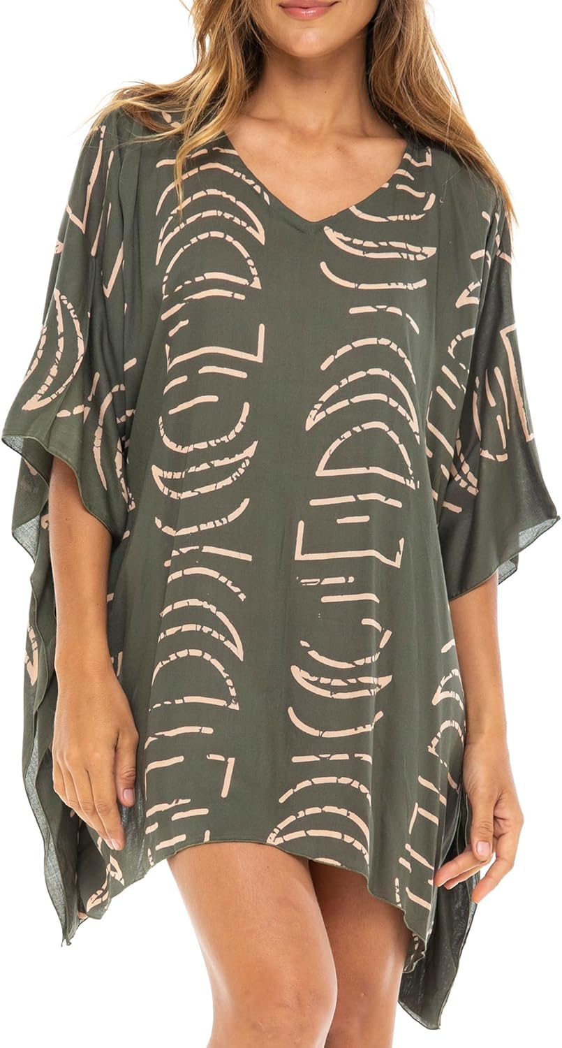Back From Bali Womens Swimsuit Cover Up Caftan Short Knee Length Art Print Tunic Top Bathing Suit Beach Poncho