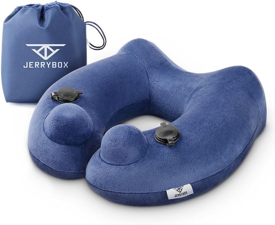 Jerrybox Fastest Inflatable Neck Pillow with 2 Airbags, Travel Neck Support Pillow for Airplanes, Soft Portable Flight Pillow with Packsack (Bone Shaped, Blue)