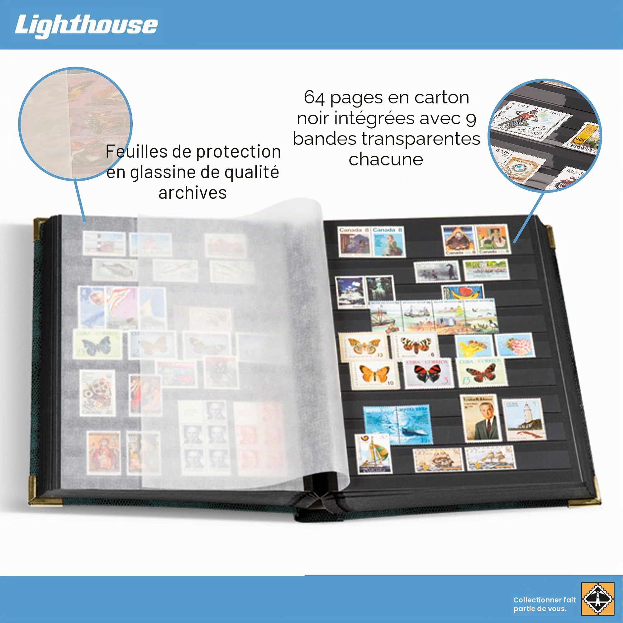 Leuchtturm 341943 Album de Collection de Timbres Comfort Deluxe - 64 Pages A4 Noires - matelassé, Aspect Crocodile - Rouge