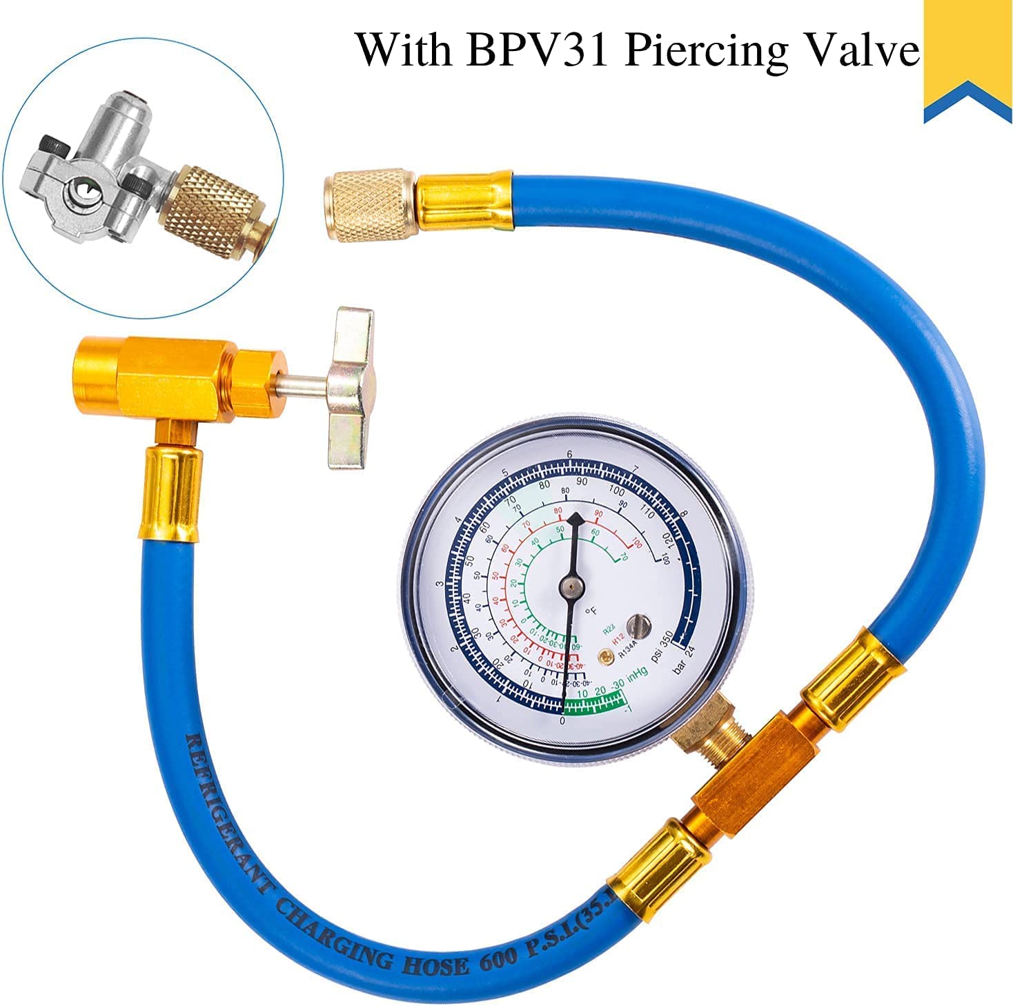 R134a Refrigerant Charging Hose with BPV31 Piercing Valve for Refrigerator - Piercing Tap Valve Kits Can Tap with Gauge, R134a Can to R-12/R-22 for Fridge A/C Air Conditioner