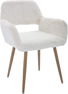 KCC Faux Fur Desk Chair for Teens - Mid-Century Modern Comfy Armchair, Breathable Furry Seat, Wood-Look Metal Legs, White Vanity Makeup Office Chair