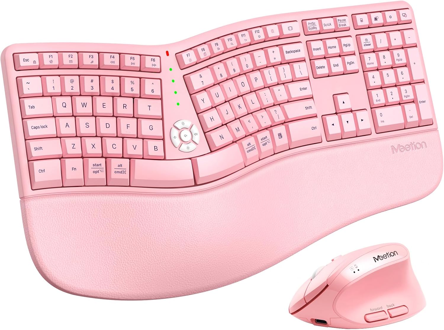 MEETION Wireless Ergonomic Keyboard and Mouse Combo, 2.4G Cordless Split Keyboard with Cushioned Palm Rest, Rechargeable Vertical Mouse, Natural Typing Full Size Keyboard, for Windows/Mac Pink Pink Large