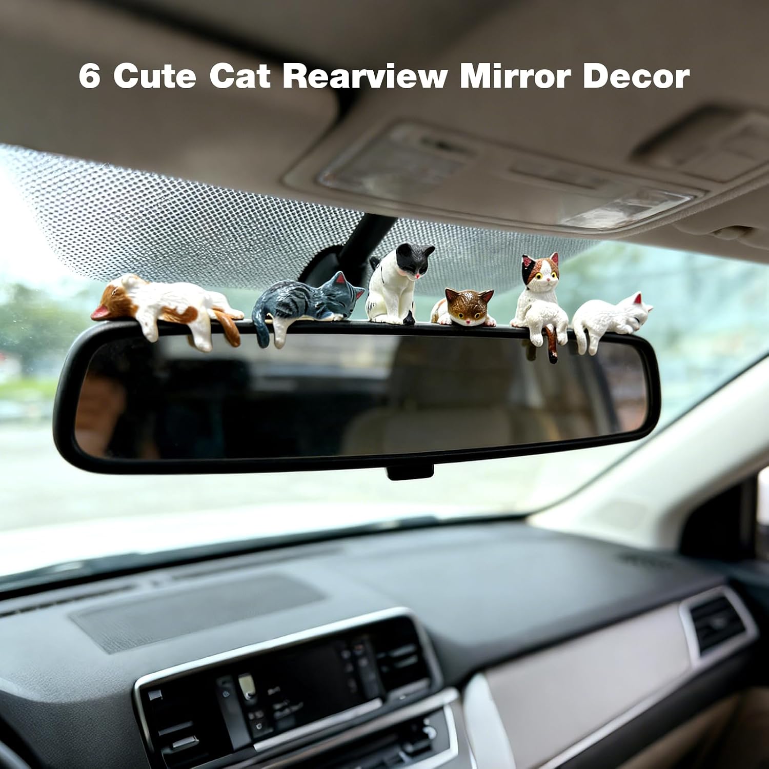 Cute Cat Dashboard Decor Set of 6 - Mini Resin Car Interior Accessories, Funny Rearview Mirror Ornament & Kawaii Desk Decor for Boys girls, Universal Vehicle Car Decorative Gift (Style 1)