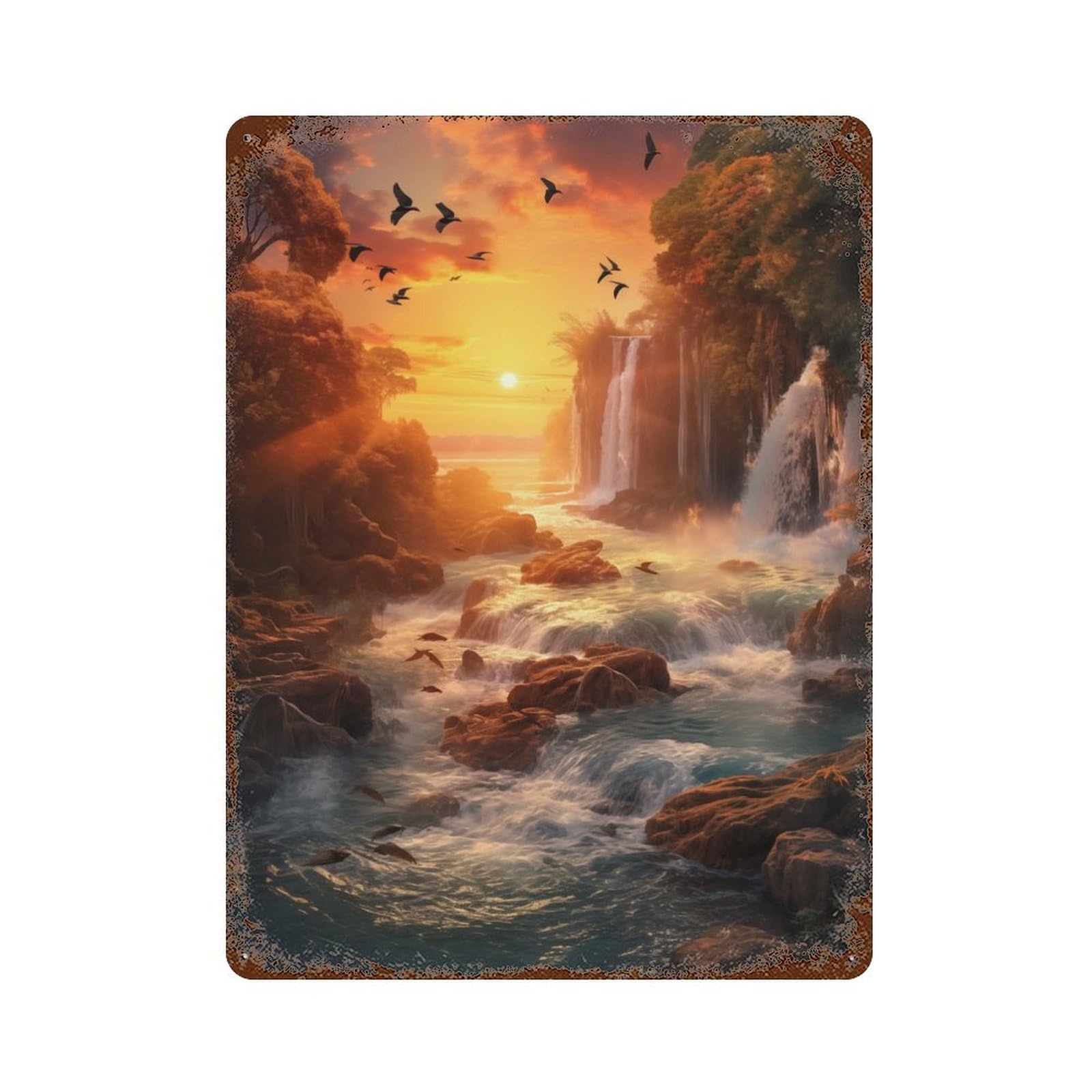 Retro Metal Sign with Waterfall in Sunset Design 15.7"x11.8", for Living Room, Hallway And Home Decor, Farmhouse Wall Decor