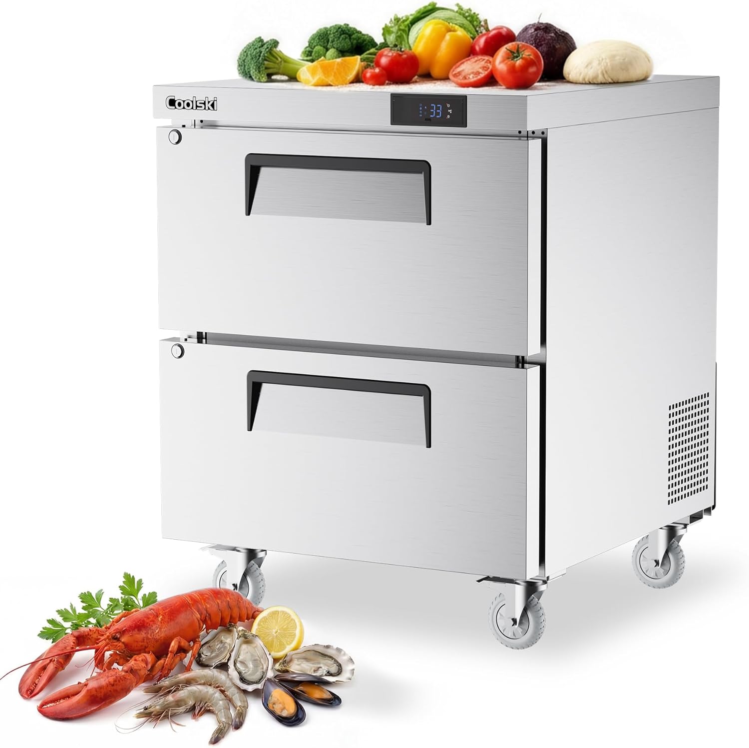 Coolski Commercial Worktop Undercounter Refrigerator with Drawers, 27" W 2 Drawers Under Counter Fridge with 6 Pans, 5.2 Cu.ft. Stainless Steel Refrigerator for Restaurant, Bar, Shop, Kitchen Use