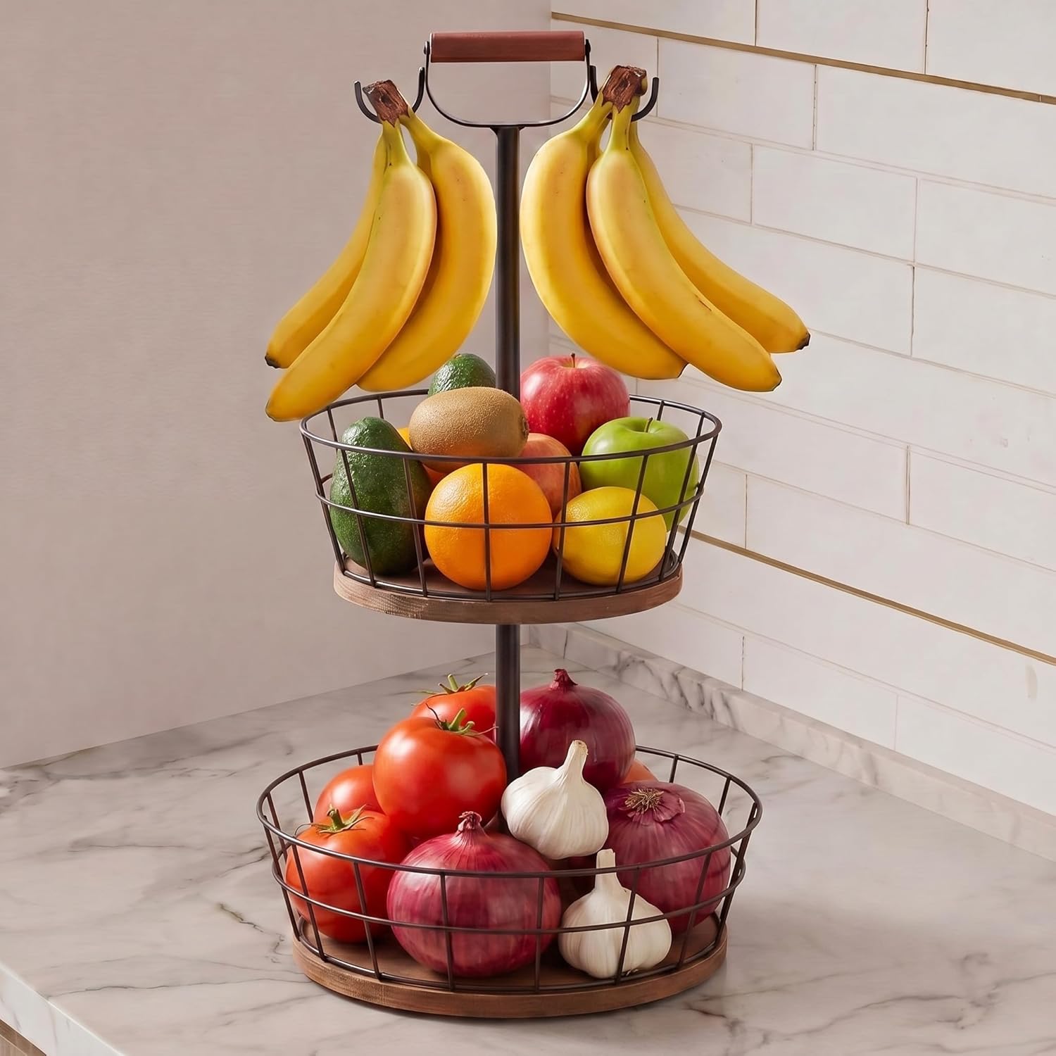 Roowest Large 2 Tier Fruit Basket Bowl with Wooden Base, 12 Inch, 10 Inch Black Wire Fruit Basket with 2 Banana Tree Hangers, Lift Handle, Easy Assemble Stable for Kitchen Countertop Vegetable Storage