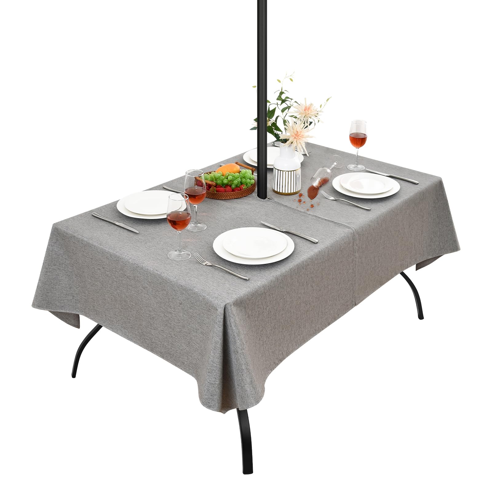 Wolkemer Water Resistant Outdoor Grey Tablecloth with Umbrella Hole and Zipper, 60x84 inch Rectangle Faux Linen Table Cloth Wipeable Patio Table Cover for Picnic Camping Party
