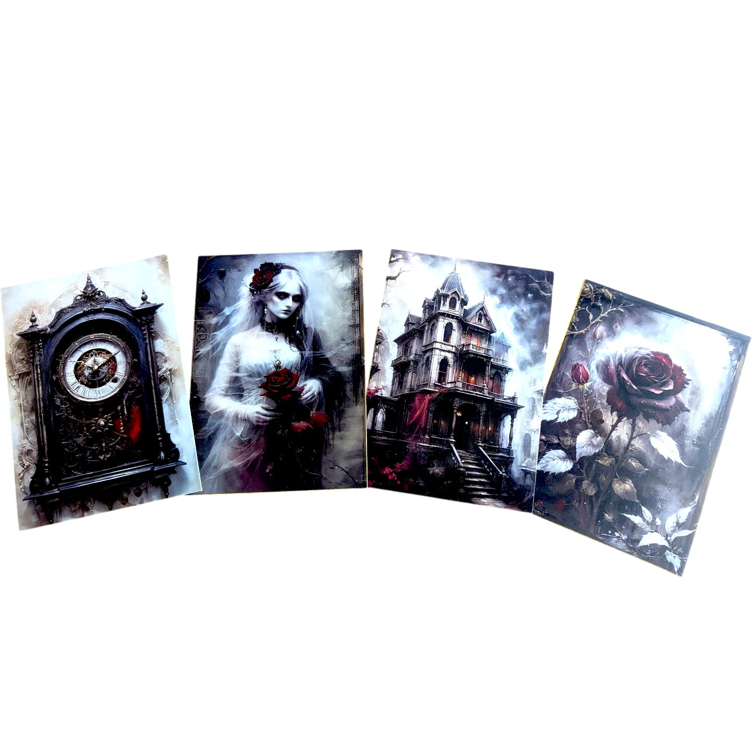 Kims Crafty Corner Gothic Autumn Postcard Set – 4 Dark Academia Art Prints with Haunted Houses, Skeleton Trees & Victorian Figures | Vintage Gothic Stationery or Wall Art Décor (Red Fantasy Set 5)