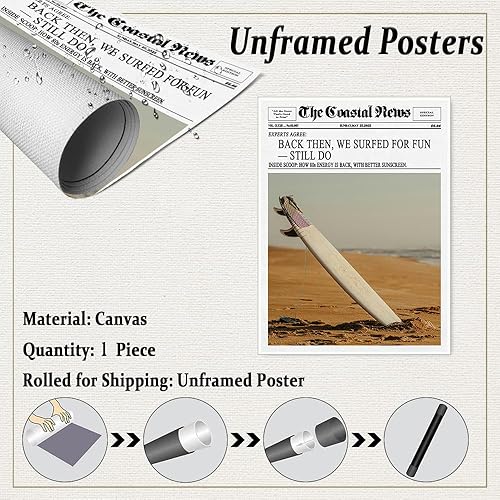 Miniatura 2 de The Coastal News - Arte de pared vintage de tabla de surf en blanco y negro, pósteres impresos en lienzo retro de los años 80 inspirado en la