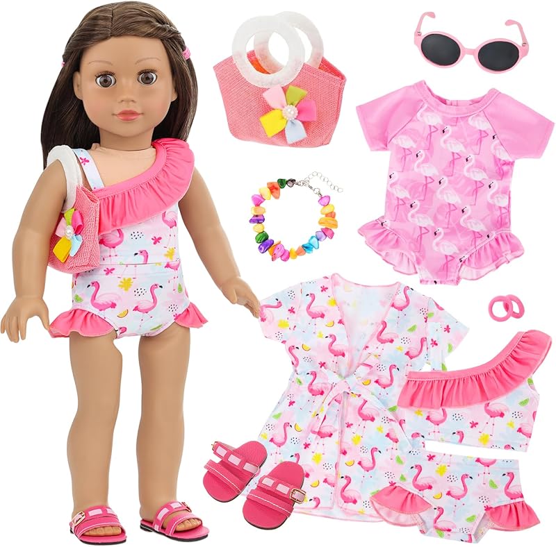 10 Pcs Summer Swim Outfit Set for 18 Inch Dolls | 10 Pcs Beach Themed Swim Kit; Soft Lightweight Fabric, Easy To Wear; Fits 18 Inch Dolls; Age 3+, Doll Not Included