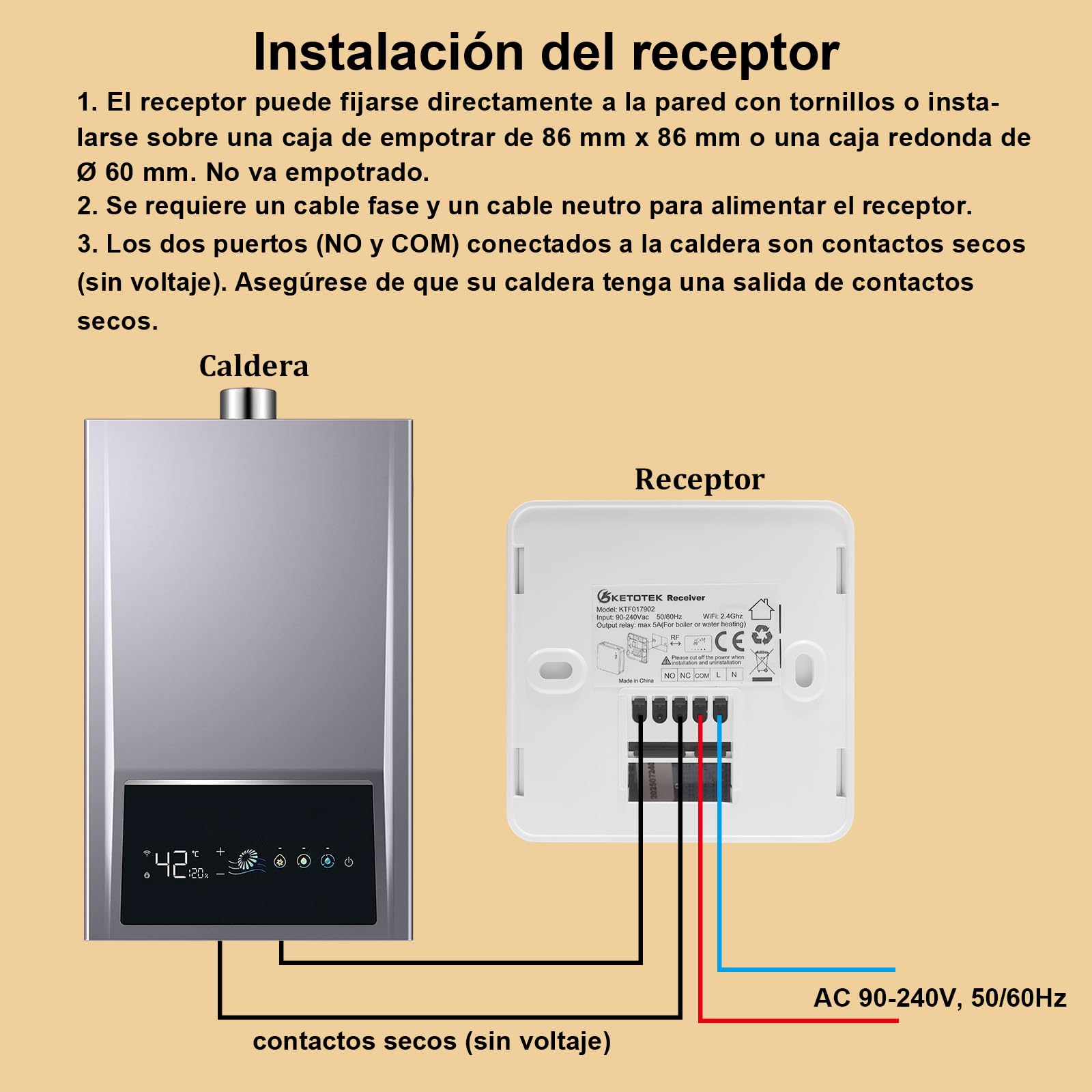 KETOTEK Termostato Inalámbrico con RF Receptor WiFi para Caldera 5A, Kit de Cronotermostato Calefaccion Inalámbrico con 220V Receptor Programmabile Compatible con Alexa, Control por App y Voz