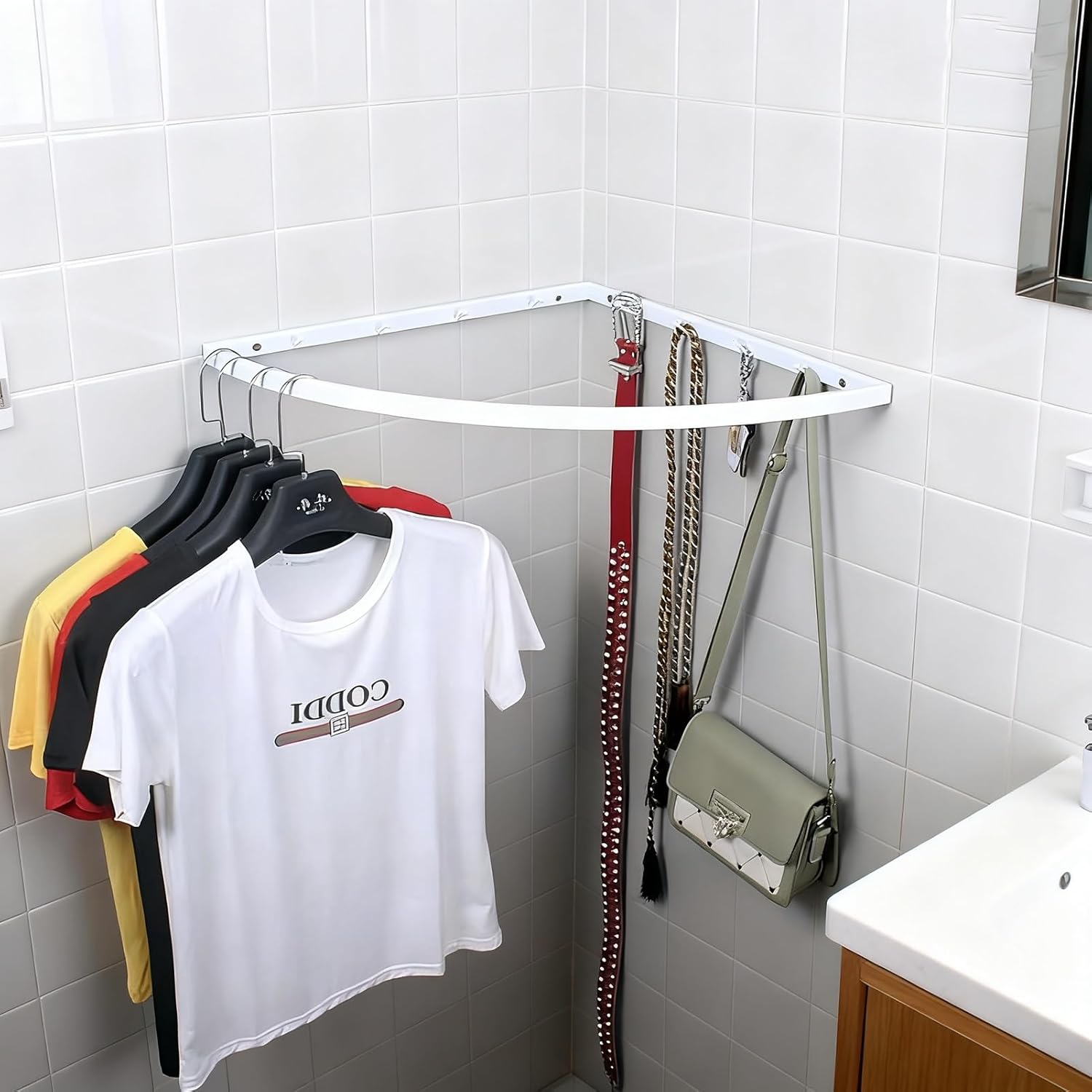 Closet Rod Shower Clothes Drying Rack Small Space, Corner Closet Rods Brackets for Hanging Clothes, Entrance Coat Garment Organizer Pole with Hooks(White,30cm(11 3/4"))