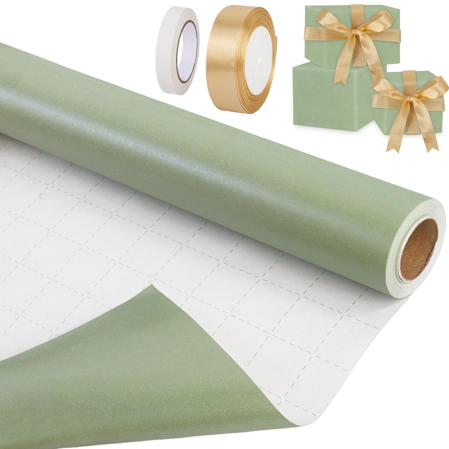 Sage Green Wrapping Paper Roll 43cm x 10m Green Birthday Wrapping Paper with Gold Ribbon and Double-sided Tape Recyclable Gift Wrap Paper for Birthday Wedding Christmas Party