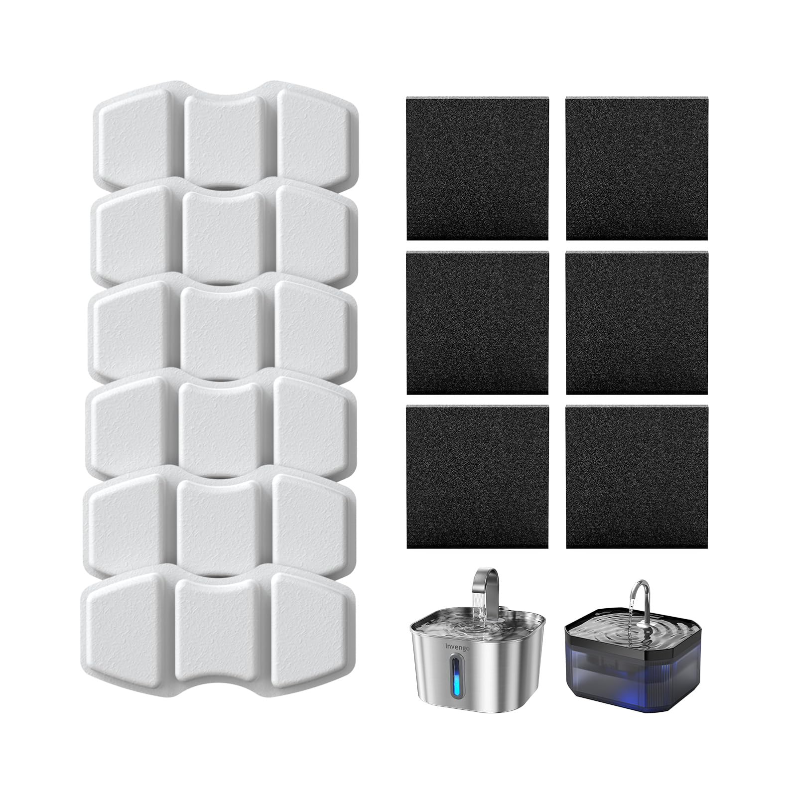 Invengo Replacement Filters for Cat Water Fountain, 6 Carbon Filters & 6 Foam Sponges Compatible with Invengo MeowFlow B10 & B20 Pet Water Fountains