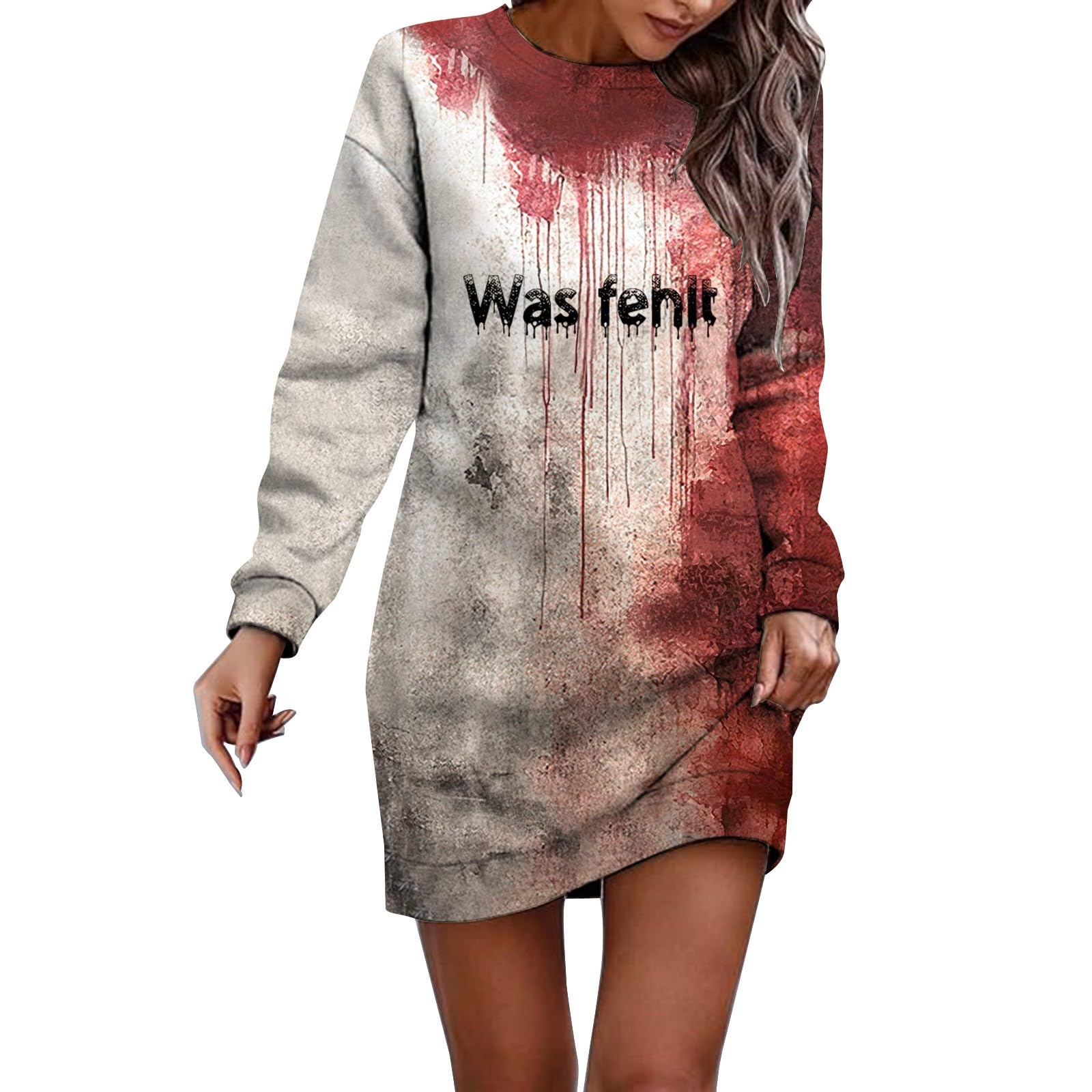Lvnsdknerse Halloween Kostüm Damen - Hoodies Lang mit Blutigem Print Bloodstain Sweatshirts Blutig Pullover Kleid Gruselig Kapuzenpullover Oversized Langarmshirt,S-3XL