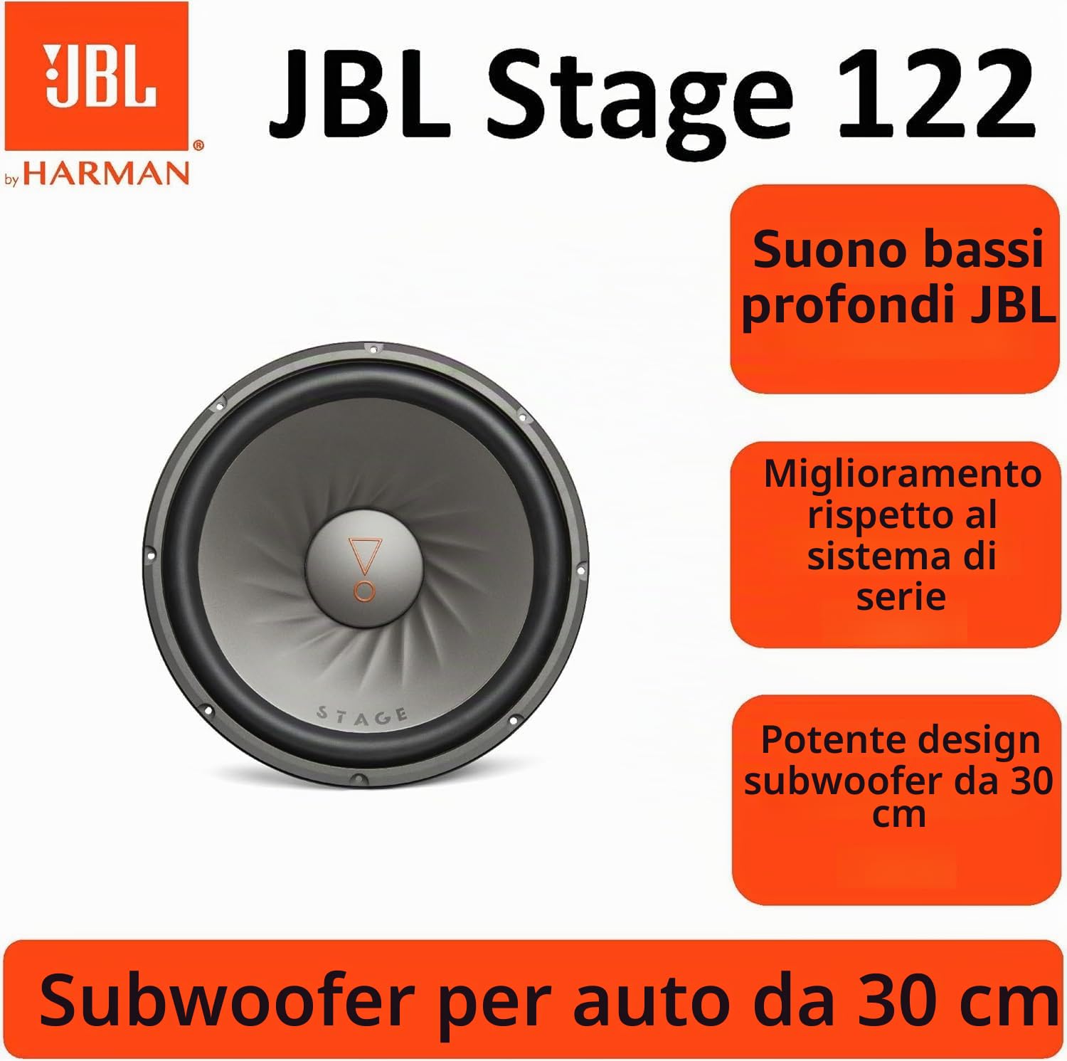 JBL Stage 122 Subwoofer Auto 300 mm (12”), passivo, 250W RMS e 1000W Max, 4 Ohm, 91 dB, risposta in frequenza 34–200 Hz, bobina da 2”, altezza incasso 15,4 mm, per box o installazione libera