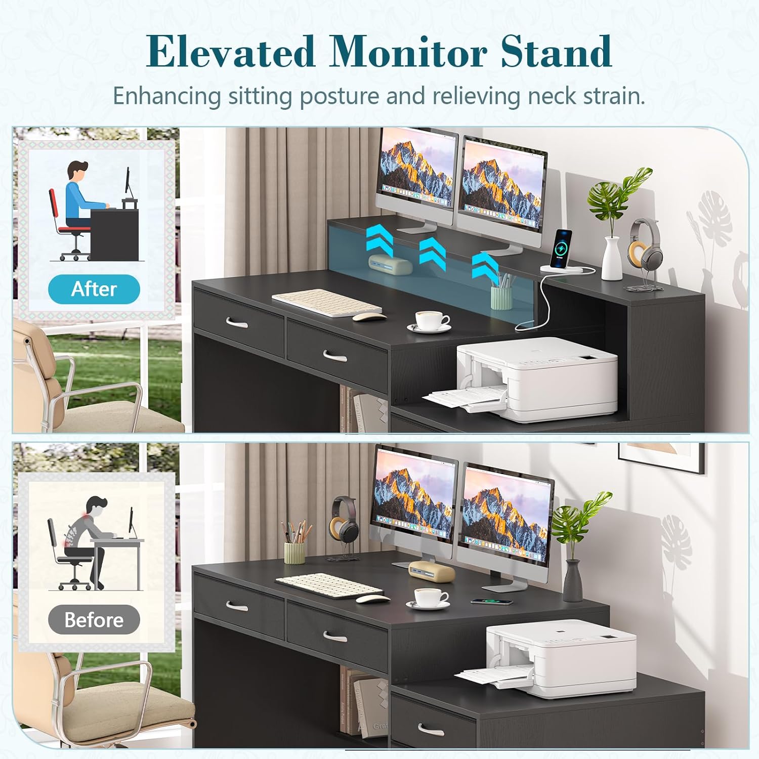 Computer Desk with 6 Drawers, 55 Inch Home Office Desk with Storage, Power Outlets and Printer Stand, Study Writing Desks with Long Monitor Stand, Black