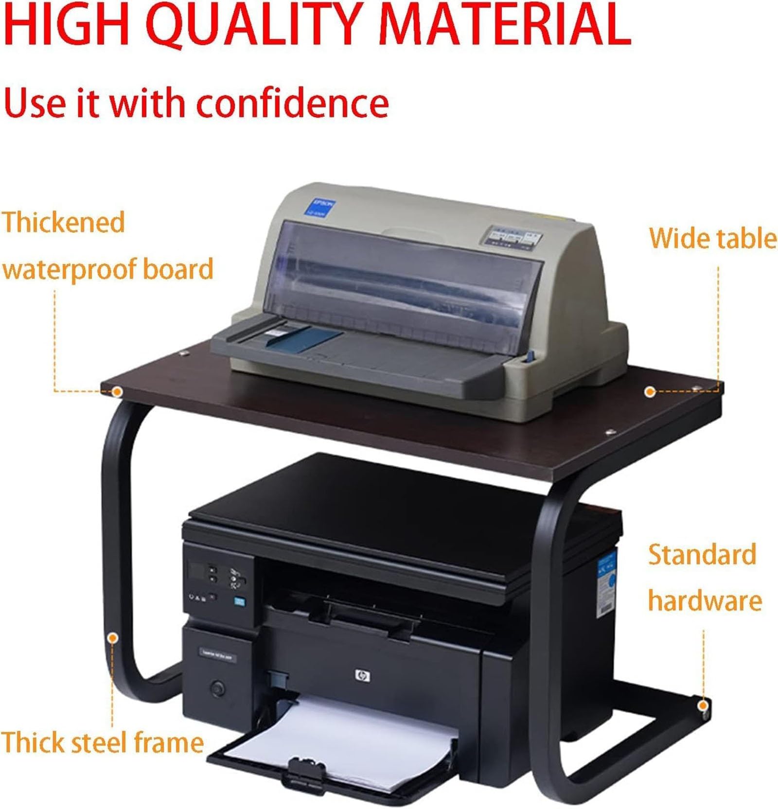 Supporto per stampante desktop, 2 ripiani, salvaspazio, per scrivania di casa e ufficio, adatto per fax e scanner, facile da montare, marrone, 48 x 30 x 33 cm, ideale per piccoli spazi