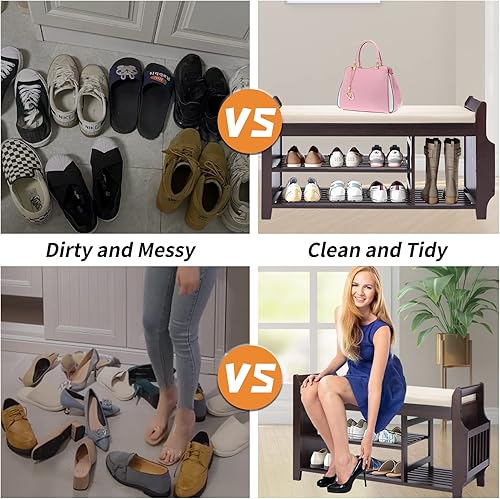 Miniatura 21 de Banco de zapatos de bambú con 3 ganchos laterales, cojín gris extraíble, almacenamiento de zapatos de entrada de 2 niveles, 37.4 x 11.4 x 19.3