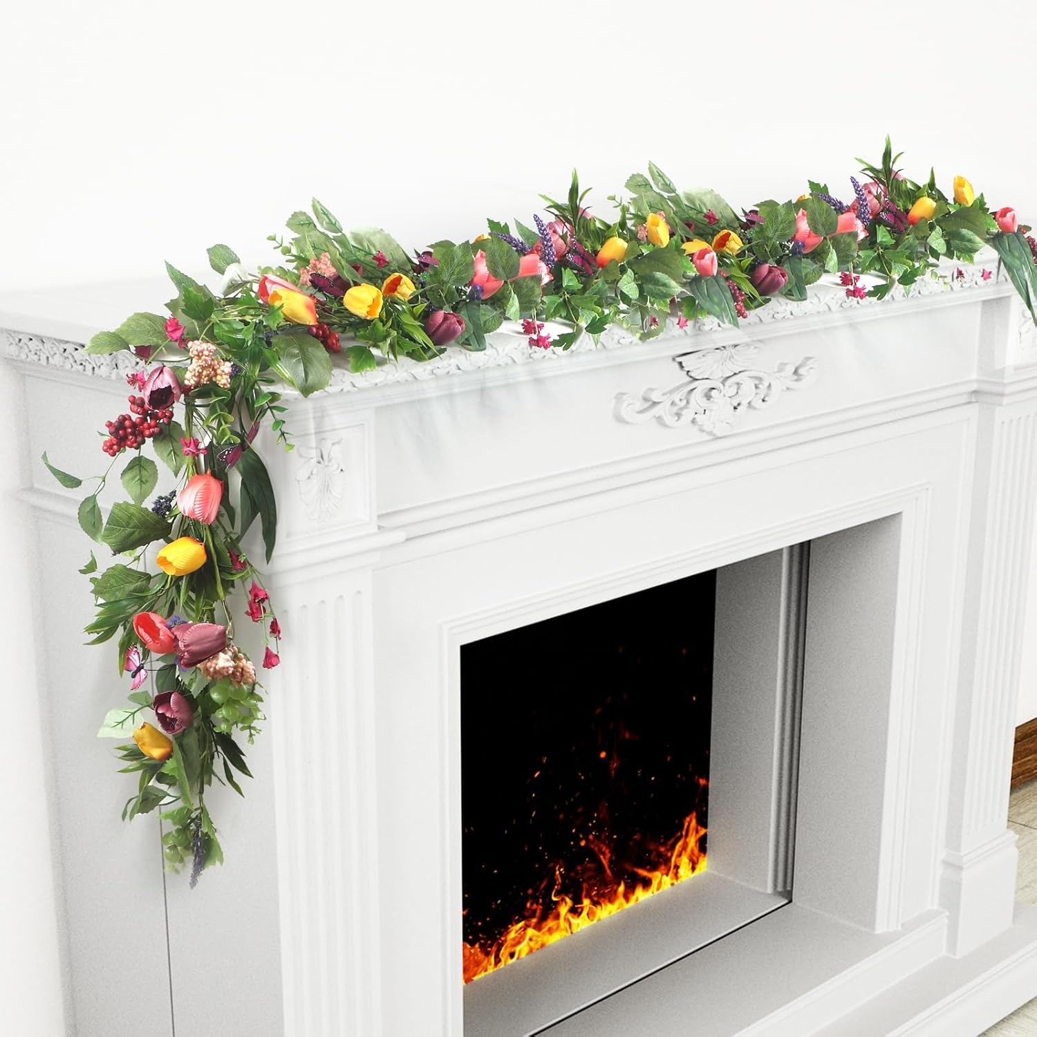 Lokeisna 6Ft Garland for Front Door: Garland with Tulip Wreath, Butterfly, Lavender and Eucalyptus, Vivid Artificial Floral Garlands for Wall Window Farmhouse Party Holiday Home Décor