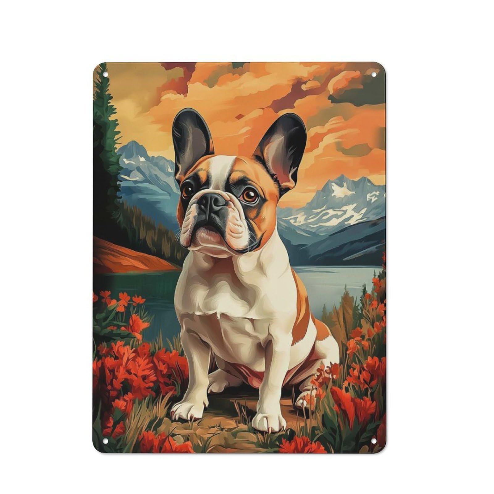 Vintage French Bulldog in Mountain Landscape Metal Wall Sign 40x30cm, Shed Wall Plaque for Garage, Workshop, Shed Or Utility Room