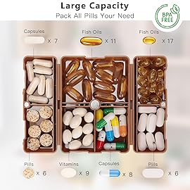 FYY Daily Pill Organizer,2 Pcs 7 Compartments Portable Pill Case Travel Pill Organizer,[Folding Design] Pill Box for Purse Pocket to Hold Vitamins,Cod Liver Oil,Supplements and Medication-Brown