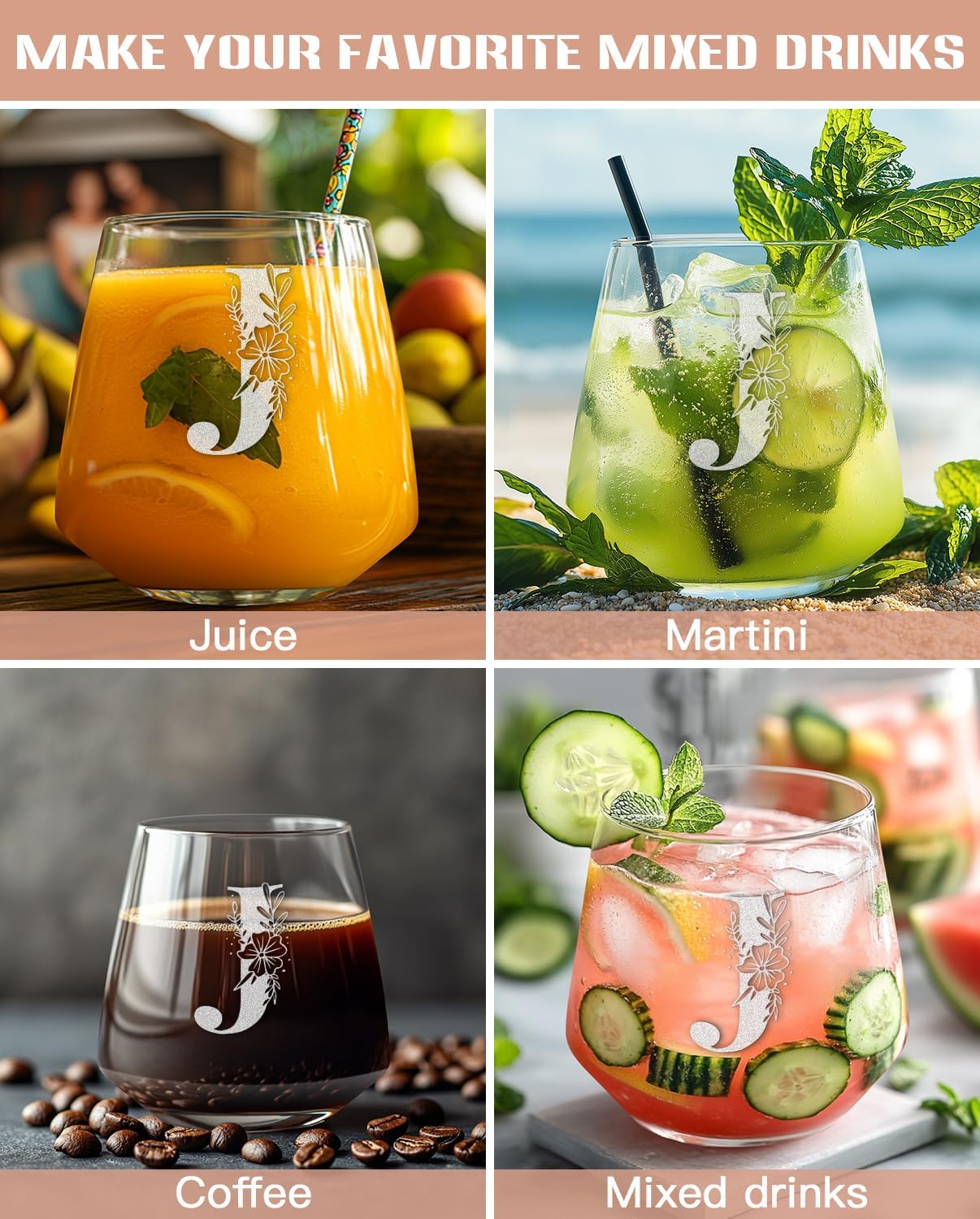 Physkoa Personalized Stemless Wine Glass — Customized A–Z Initial, Etched & Dishwasher Safe | Birthday Wine Gift for Her, Mom, Friend, Wife, Sister | Valentine’s Day Monogrammed Gift(J) - Image 4