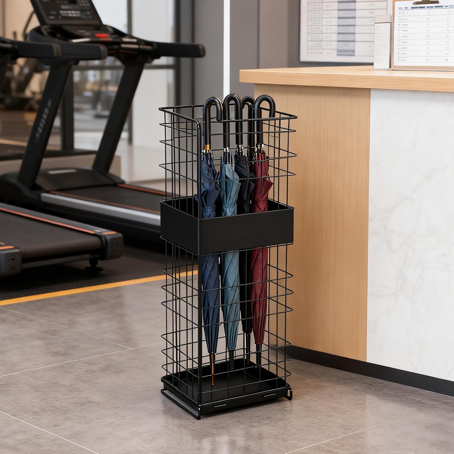 AUNMAS Freestanding Umbrella Holder, Metal Square Umbrella Rack Organizer with Removable Drip Tray Canes Walking Sticks Stand for Home Office Entryway (Black)