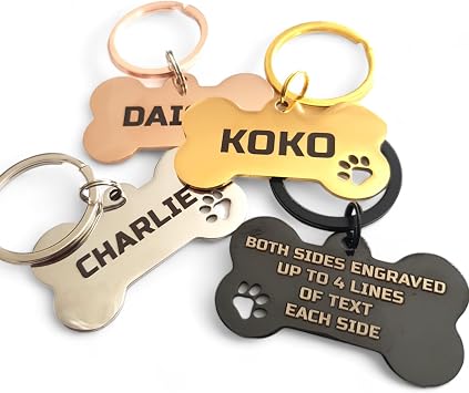 Personalised Dog Tags for Pets Engraved UK | Bone Shape Stainless Steel ID Tag | Dog Cat Puppy Collar Name Paw Design | Choose Size & Colour | Rust-Proof