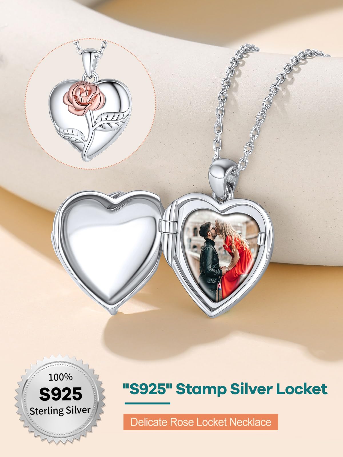 Supcare Collana con Foto Personalizzata, Cuore Locket Collana Donna Argento 925, 7 Stili Medaglione Ciondolo Portafoto, Argento/Oro/Oro Rosa Collana Personalizzata con Foto, Idee Regalo Donna Mamma