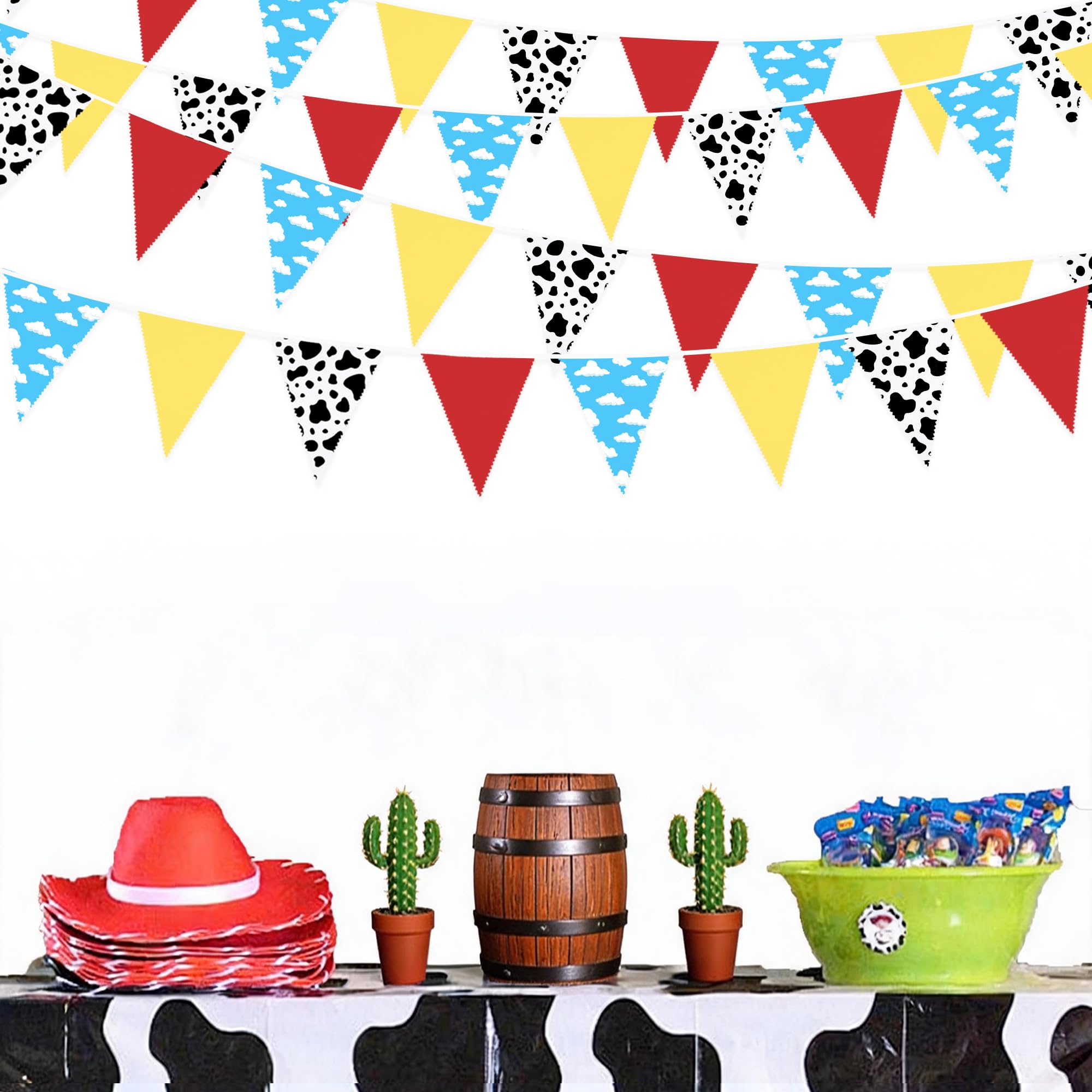Decoración de fiesta de dibujos animados de 32 pies, rojo, azul, amarillo, bandera de tela con estampado de nube y vaca, banderín triangular, guirnalda de banderines para niños, cumpleaños, baby