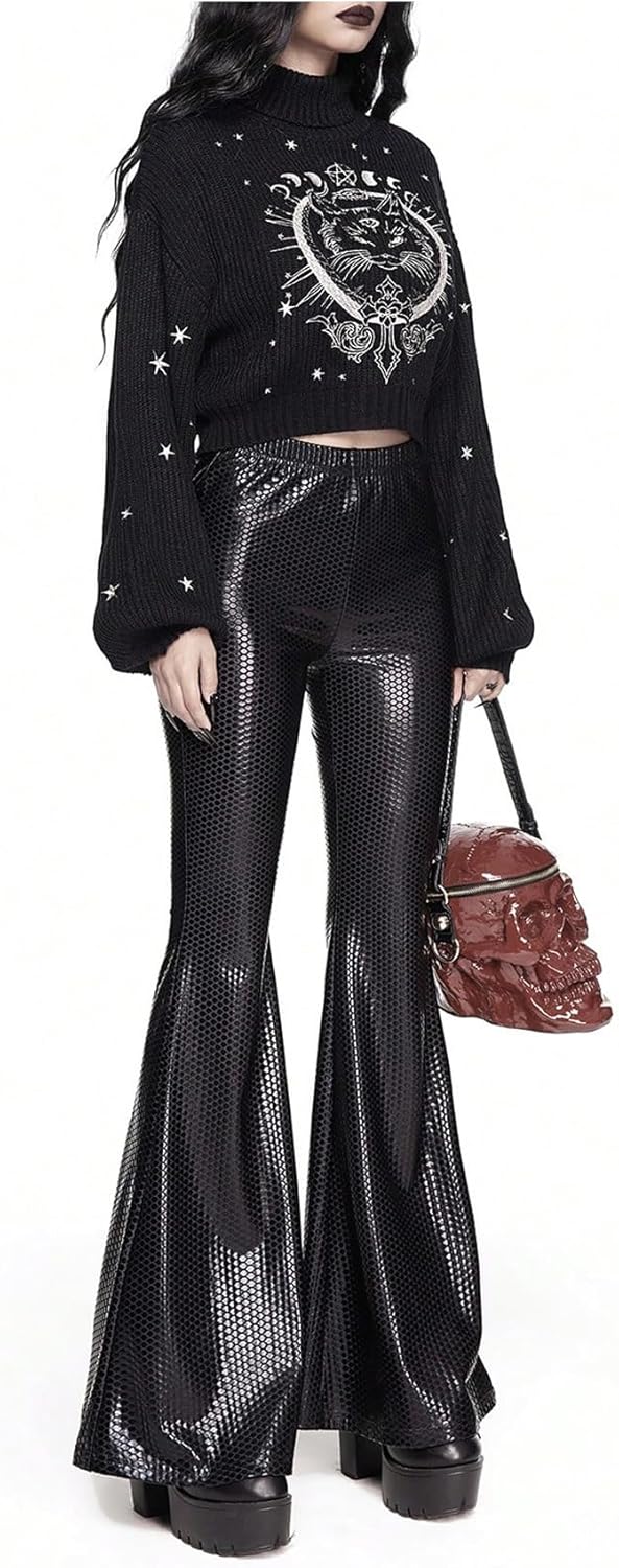 Women's Gothic Grunge Sweater Cat Graphic High Neck Long Sleeve Crop Sweater Pullover Knitwear - Image 2