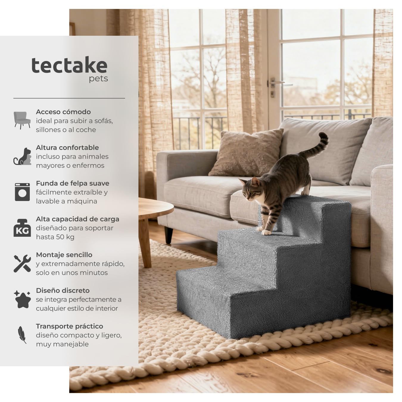 tectake® Escalera para Mascotas Muy Estable y Ligera 34,5 cm, Escalera para Perros y Gatos, Escalera Perro Cama, Cubierta Súper Suave y Antideslizante, Materiales Robustos para Durabilidad - Gris