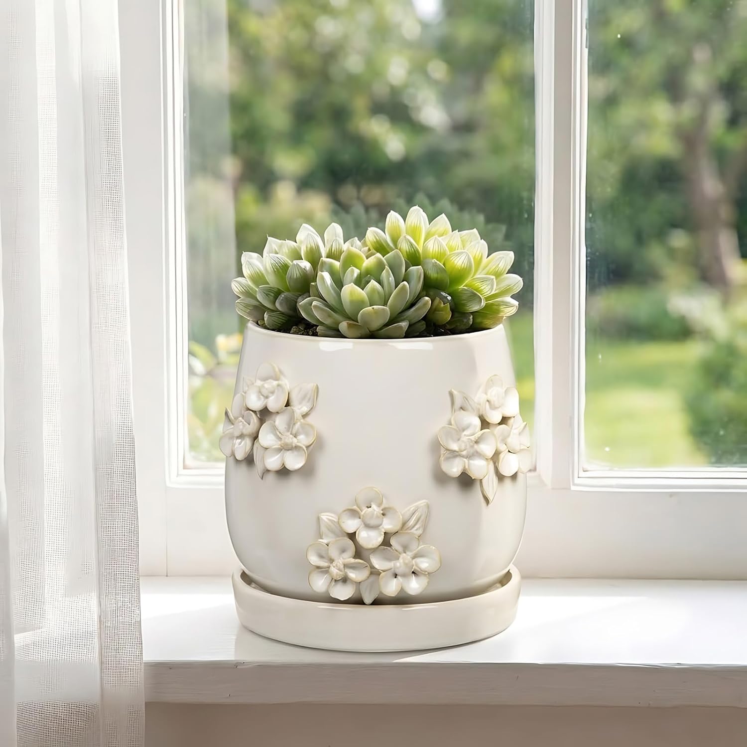 6 Inch Ceramic Plant Pot with 3D Floral Relief Embossed Texture, Modern Glaze Planter with Saucer & Drainage Hole, Decorative Flower Pot for Indoor Outdoor Succulents Herbs & Small Plants, Ivory White