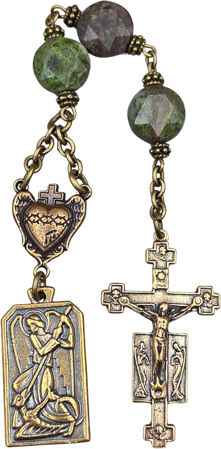 St Michael Slaying the Dragon & Sacred Heart Chaplet - Bronze| 3 Beads | Jasper