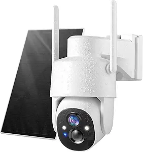 GMK Solar Security Cameras Wireless Outdoor, 2K Pan Tilt 360° View Battery Powered 2-Way Talk Outdoor Camera Wireless 3MP PTZ WiFi Surveillance Cam Cloud/SD Storage Color Night Vision Spotlight/Siren