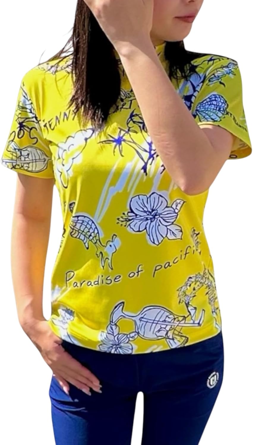 Ladies Mock Neck Hawaiian Yellow レディースゴルフウェア モックネック 半袖 ストレッチ 速乾 肌触
