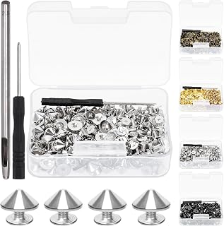 Swpeet 102Pcs Silver Color Cone Spikes and Studs Kit with Hole Punch and Screwdriver, Back Leather Craft Rapid Rivet Screws, Spikes Bullet Cone Spikes Screw for Clothing Shoes Leather Craft
