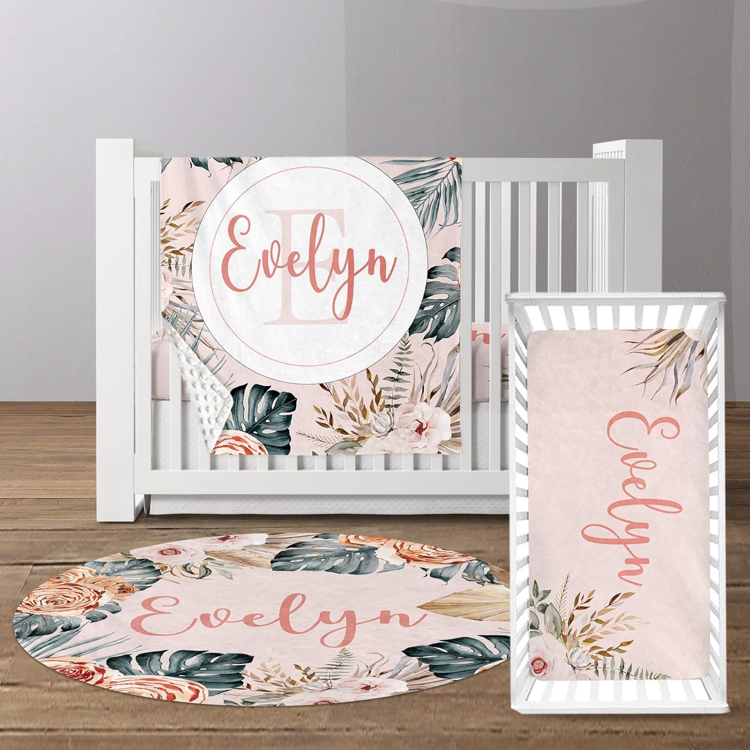 Custom Name Baby Crib Bedding Set - Personalized Bohemian Flowers Crib Set 3 Pcs - Soft Blanket with Double Layer Dotted Backing, Fitted Sheet, Room Rug for Newborns Boys Girls Shower Gift