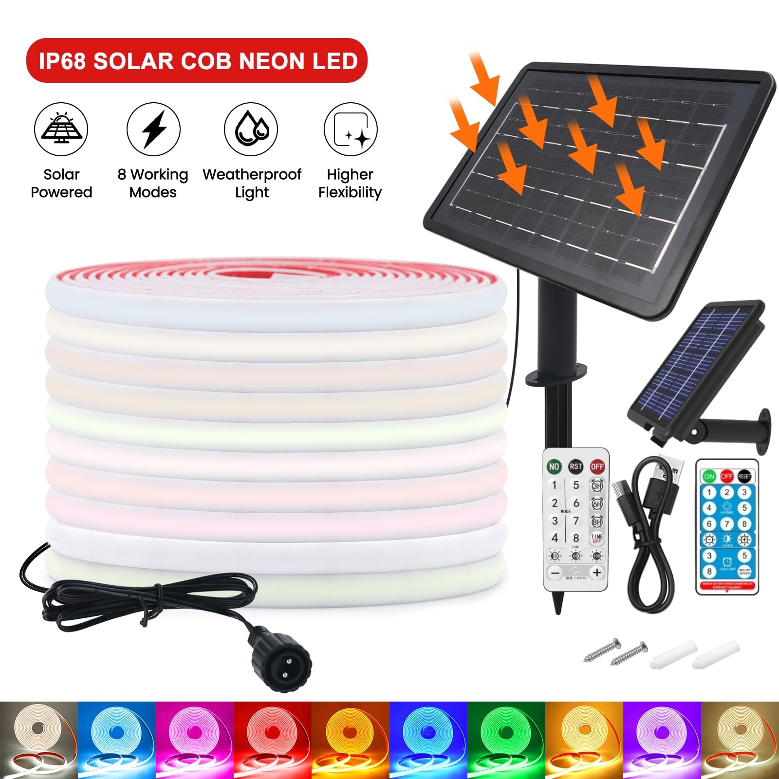 KISUFU 24V Bande LED lumineuse solaire Extérieur, 320 LEDs/m IP68 Étanche Auto-adhésive 2400mah Solar Powered Ruban LED Light Strip avec télécommande et 8 modes pour porche, décoration de jardin.
