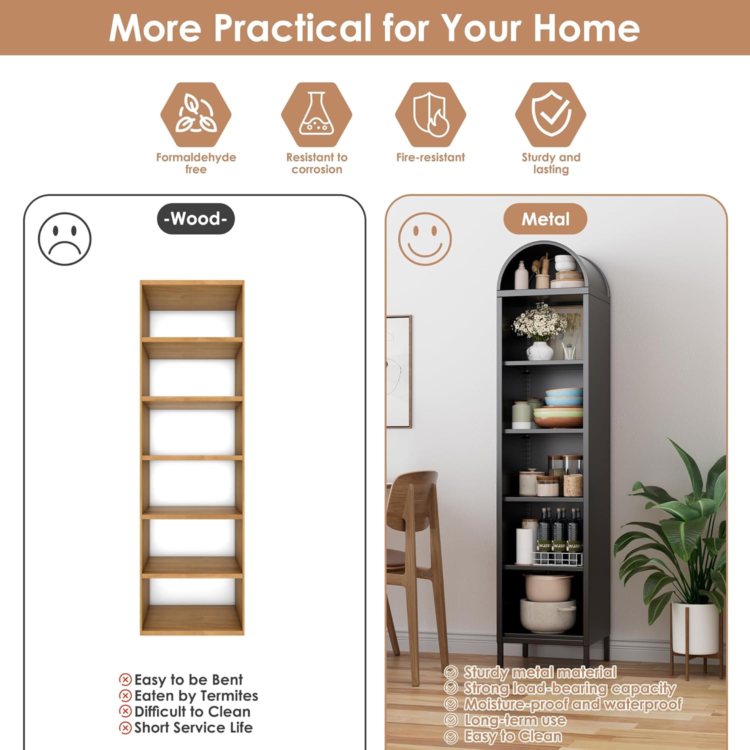 Aobabo Black Narrow Arched Bookshelf, 72.8" H Metal Arch Bookcase with 4 Adjustable Shelves, Open Display Arched Bookcase for Dining Room, Home, Office, Assembly Required