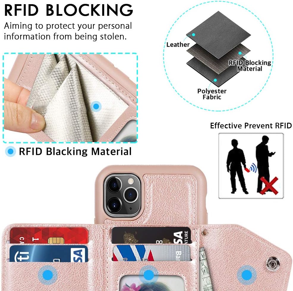 CASEOWL iPhone 11 Pro Max Case, 11 Pro Max Wallet Case with Card Holder,RFID Blocking,Kick Stand,Shoulder&Wrist Straps, PU Leather Back Flip Wallet Case for iPhone 11 Pro Max(6.5-inch 2019),Rose Gold