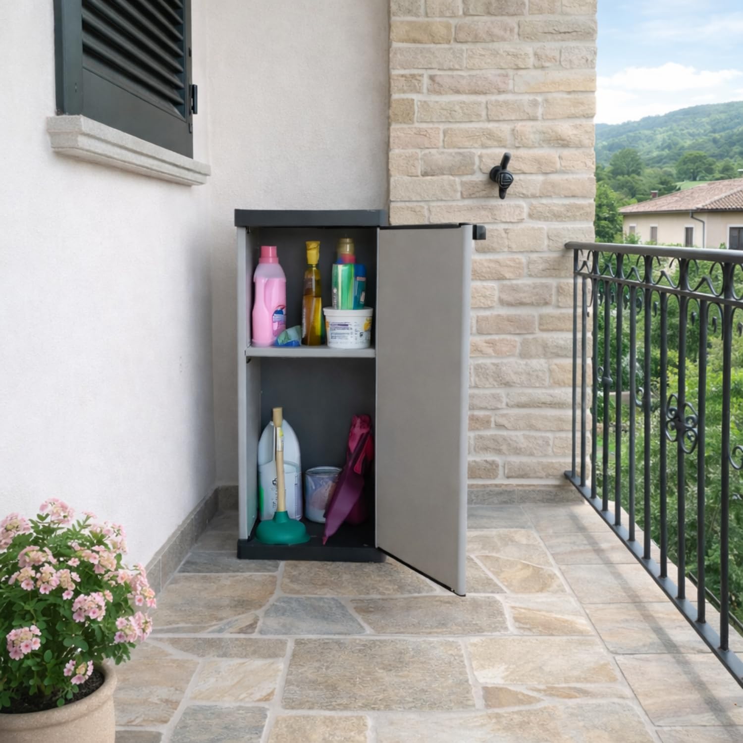 PALUPLUS Armadio Basso a 1 Anta in Resina di Colore Grigio, Misura 34x38,5x85 cm, 2 Ripiani Multiuso, Mobile da Interno ed Esterno con Piedini Antiscivolo, Made in Italy -MONG3936F -5